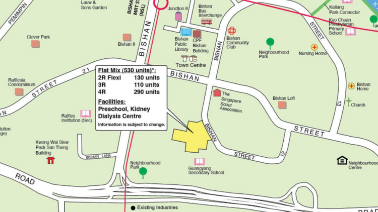 Location of the Bishan HDB BTO Oct 2025 flats, bounded by Bishan Street 13 and Braddell Road near Bishan MRT and Junction 8.