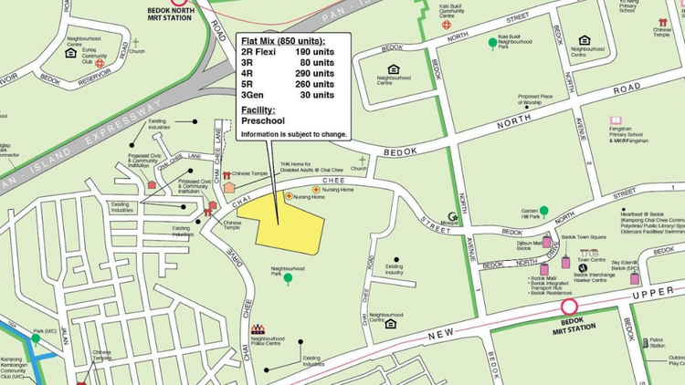 Location of the Bedok HDB BTO October 2025 flats, situated in the Chai Chee area between Bedok (EW5) and Kembangan (EW6) MRT stations