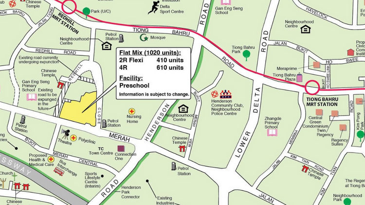 Location of the Bukit Merah HDB BTO October 2025 flats, positioned between Redhill MRT and Tiong Bahru MRT along Jalan Bukit Merah and Lower Delta Road 