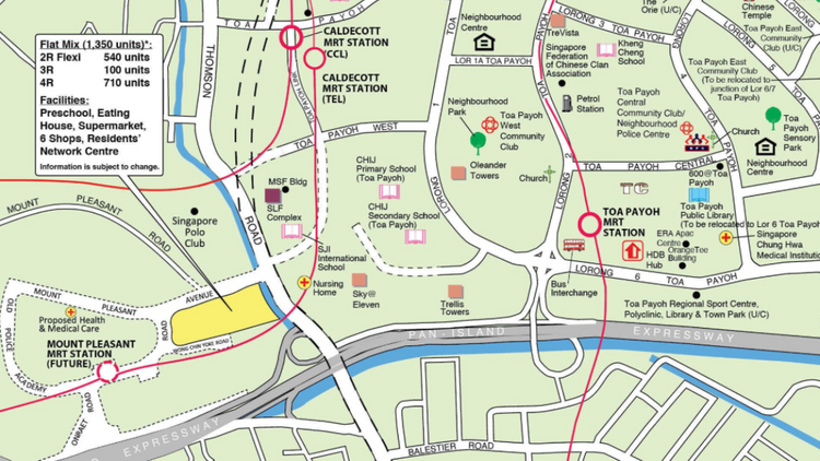 Location of the Toa Payoh HDB BTO Oct 2025 flats, bounded by Thomson Road and Mount Pleasant Road near the future Mount Pleasant MRT.