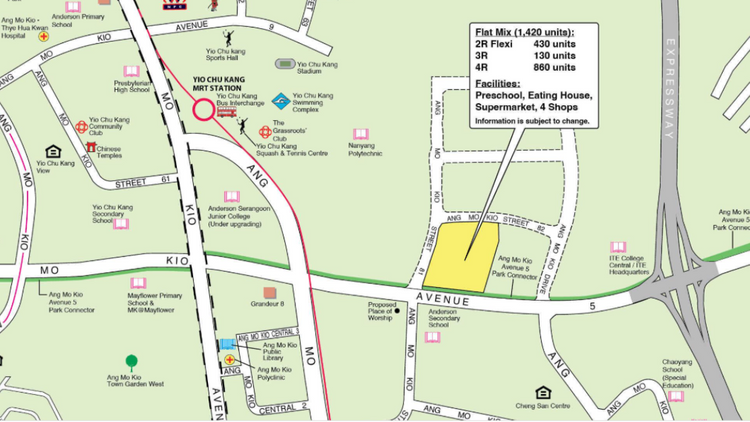Location of the Ang Mo Kio HDB BTO Oct 2025 flats, bounded by Ang Mo Kio Avenue 5 and Ang Mo Kio Street 64 near Yio Chu Kang MRT.