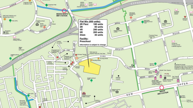Location of the Bedok HDB BTO Oct 2025 flats, bounded by Bedok North Road and Bedok North MRT near Pan-Island Expressway 