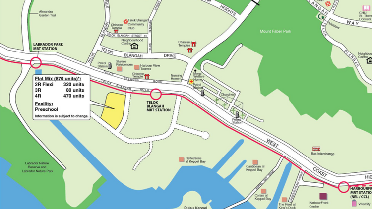Location of the Bukit Merah - Greater Southern Waterfront HDB BTO Oct 2025 flats, bounded by Telok Blangah Drive and West Coast Highway near Telok Blangah MRT