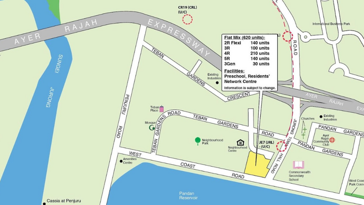 Location of the Jurong East HDB BTO October 2025 flats at Teban Gardens, near the future Pandan Reservoir MRT station, facing the waterfront of Pandan Reservoir. 