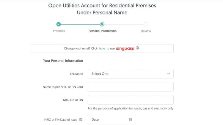 Page to open a utilities account with personal information fields