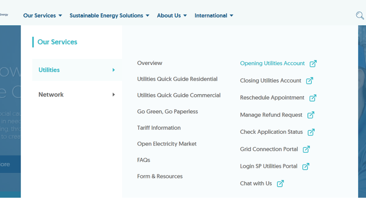 Dropdown menu displaying our services