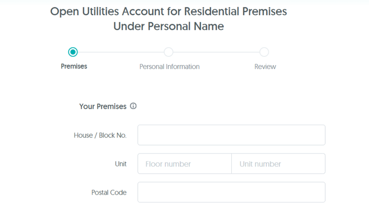 Open Utilities Account page prompting user to enter details