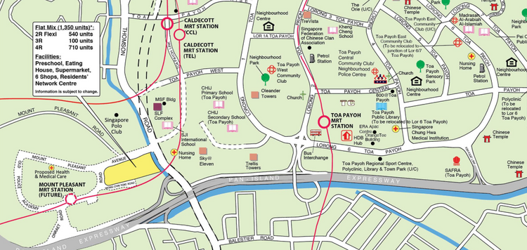 Location of the Toa Payoh HDB BTO Oct 2025 flats, bounded by Thomson Road and Mount Pleasant Road near the future Mount Pleasant MRT.