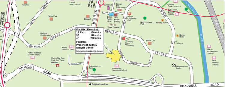 Location of the Bishan HDB BTO Oct 2025 flats, bounded by Bishan Street 13 and Braddell Road near Bishan MRT and Junction 8.