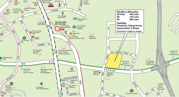 Location of the Ang Mo Kio HDB BTO Oct 2025 flats, bounded by Ang Mo Kio Avenue 5 and Ang Mo Kio Street 64 near Yio Chu Kang MRT.