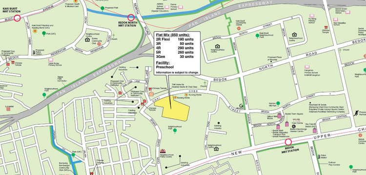 Location of the Bedok HDB BTO Oct 2025 flats, bounded by Bedok North Road and Bedok North MRT near Pan-Island Expressway