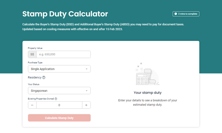 Stamp duty calculator showing buyer and additional stamp duty fields.