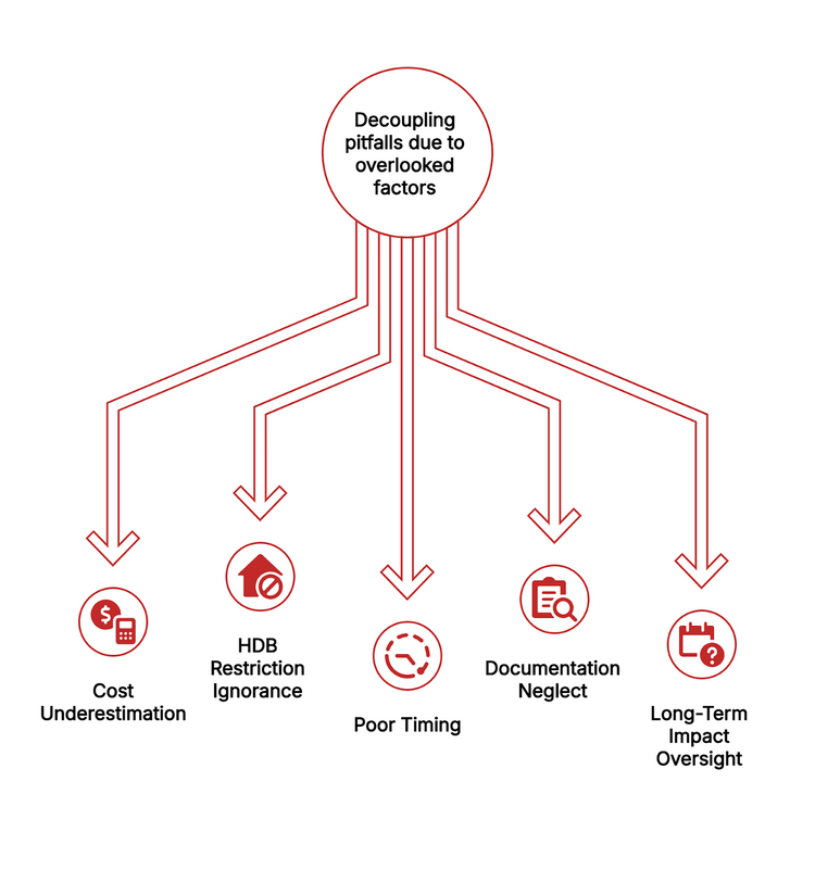 Flowchart showing five decoupling pitfalls: cost, HDB rules, timing, documentation, and long-term impact, with red caution arrows.
