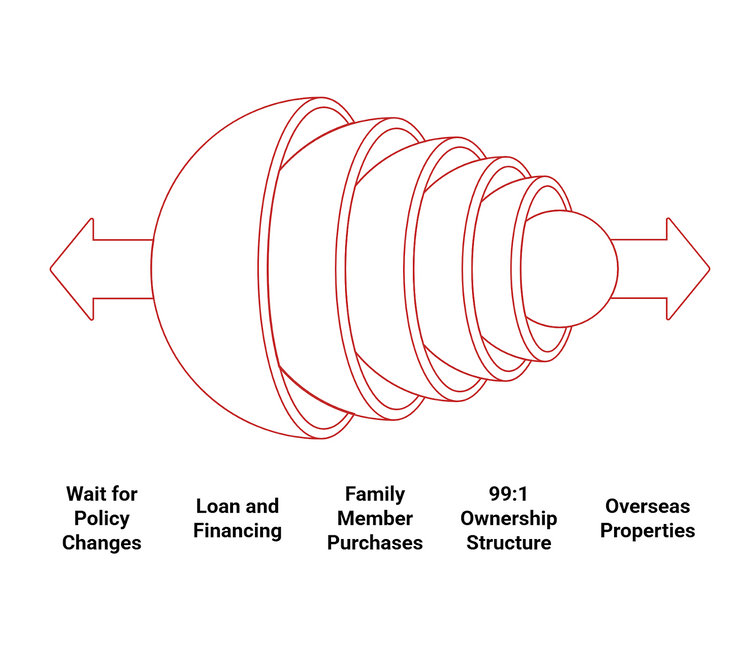 Red spiral diagram with expanding layers labelled: policy changes, financing, family purchases, 99:1 ownership, and overseas properties.