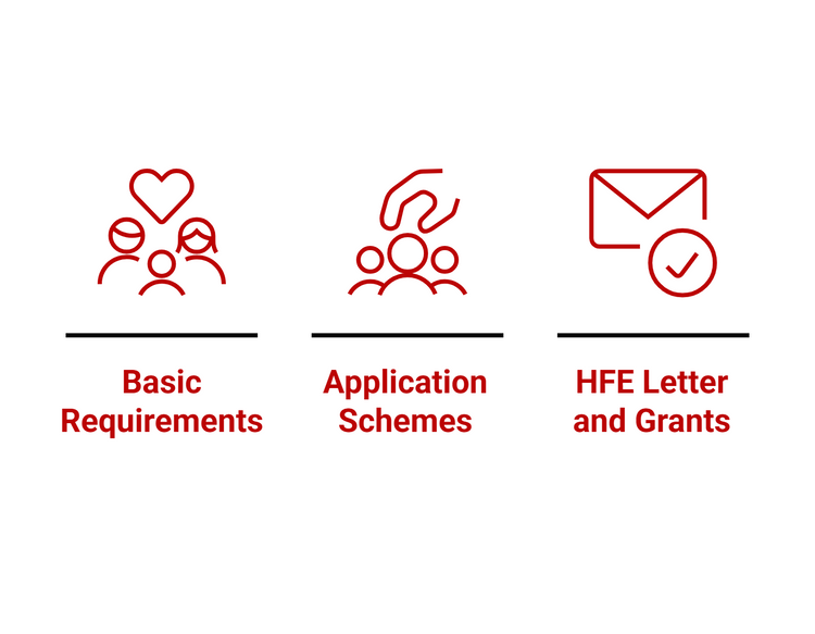 Three red icons on a white background: Basic Requirements, Application Schemes, and HFE Letter and Grants.