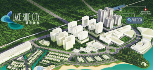 Digital aerial masterplan rendering of 'LAKE SIDE CITY' development