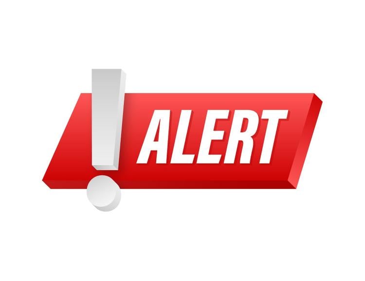 Red and white graphic of a 3D exclamation mark next to "ALERT"