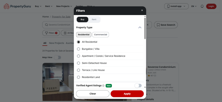 Screenshot of a property search page with a 'Filters' modal open
