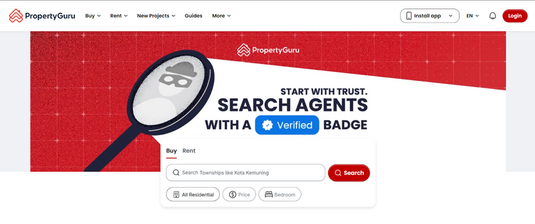 Screenshot of the PropertyGuru website homepage
