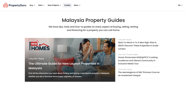 Screenshot of the PropertyGuru 'Malaysia Property Guides' page