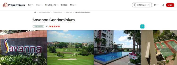 Screenshot of the PropertyGuru listing page for "Savanna Condominium"