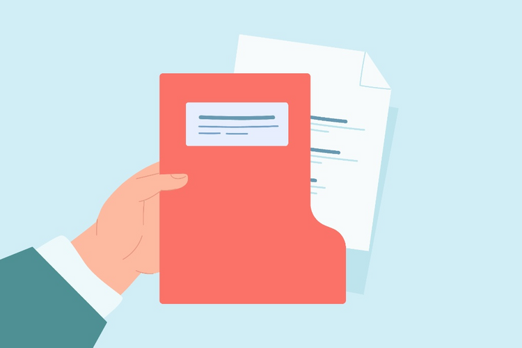 Flat vector illustration of a hand holding a red folder