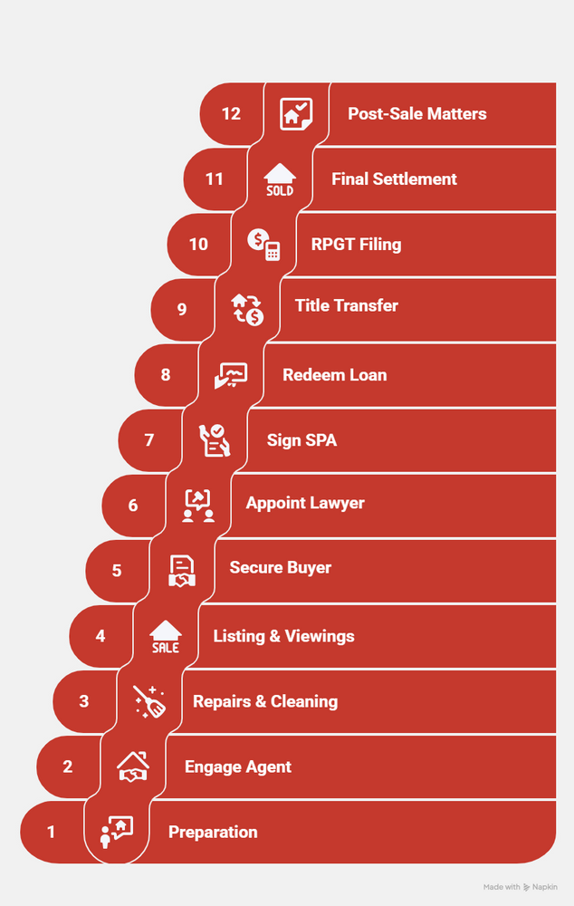 Infographic of 12 steps to sell a property in Malaysia