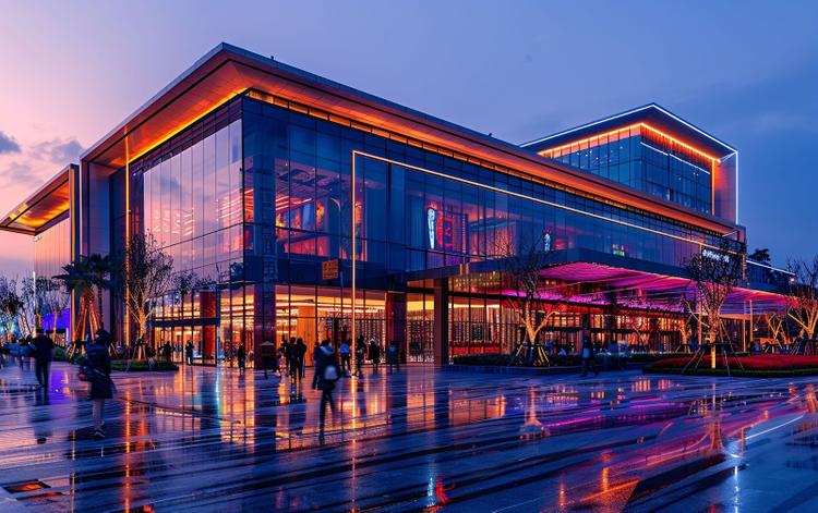 Front view of a modern shopping mall with people walking and gathering outside