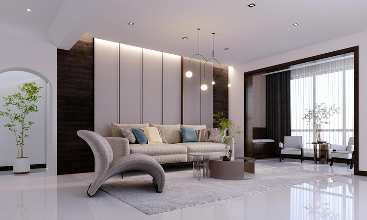 Modern living room interior with a beige sofa.