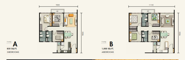 Unit layout floor plans at M Vertica Cheras with room sizes and dimensions.