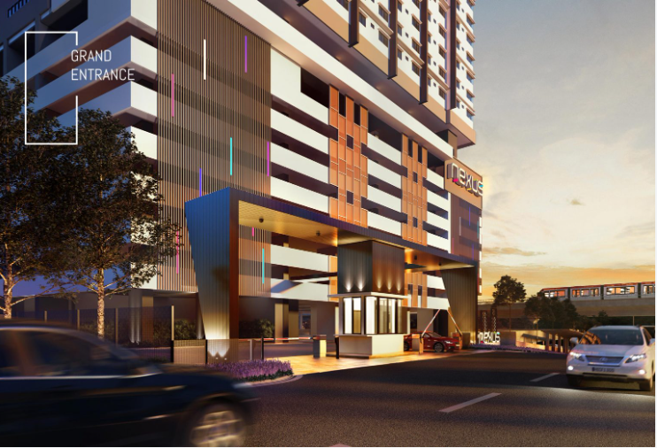 Artistic impression of Nexus Taman Pertama showing the grand entrance with vehicles and a modern residential façade. | Credit: MKH Berhad