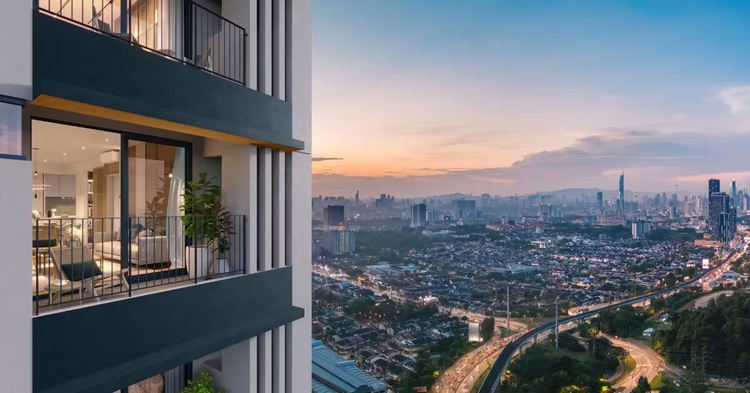 The Connaught One residential unit balcony with city skyline view at sunset. | Credit: UEM Sunrise Berhad