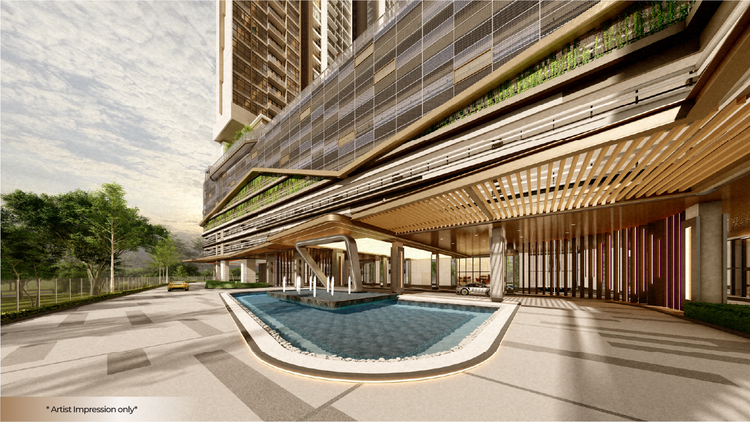 Artistic impression of Aurum Residence showing the entrance driveway with a water feature and modern façade. | Credit: Amber Homes Sdn Bhd
