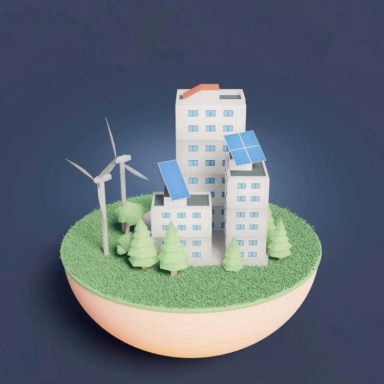 A 3D model of sustainable buildings featuring solar panels, green landscapes with trees, and a wind turbine.
