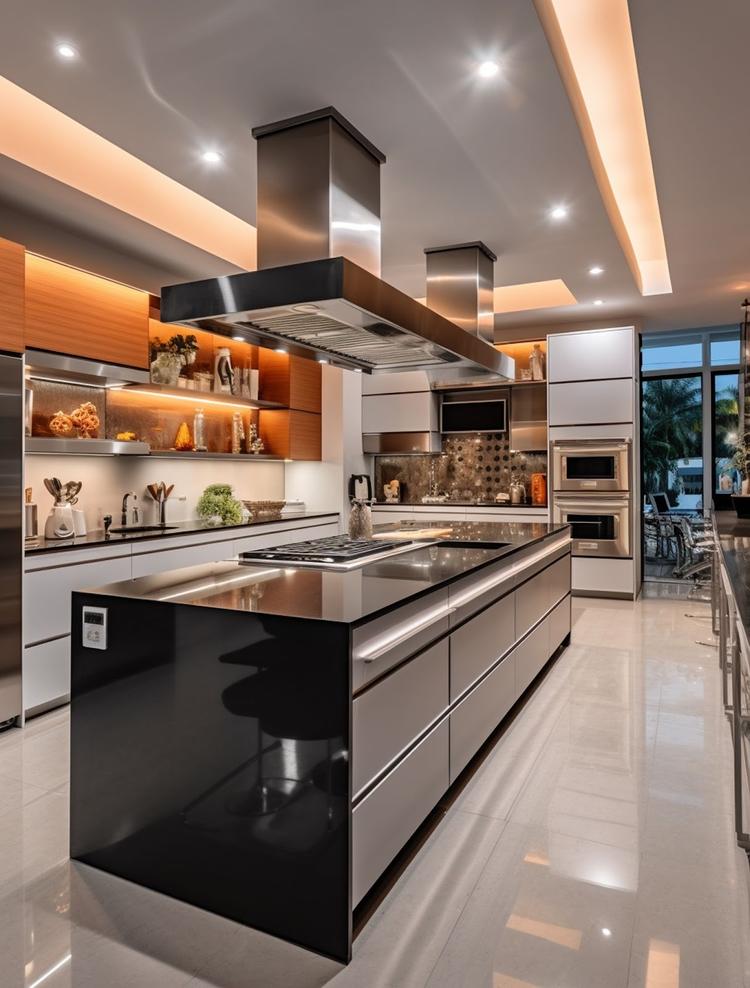 Sleek kitchen design with recessed lights and ventilation.