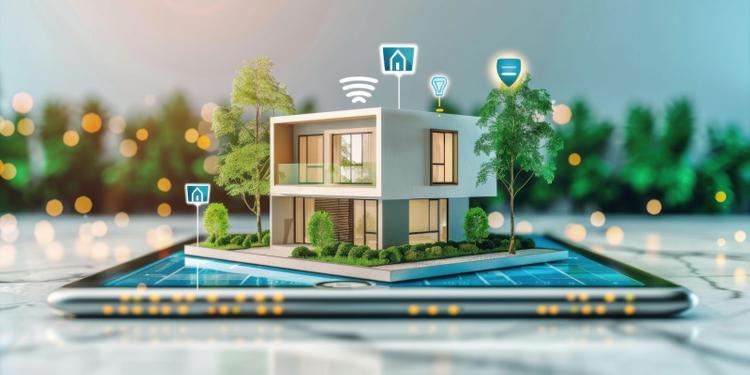Smart home technology modern house model is placed on a tablet displaying home automation and security features
