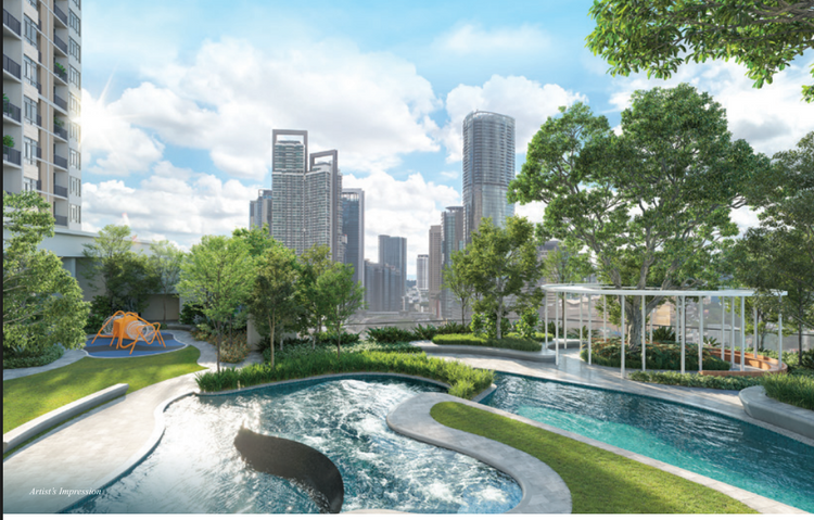  Pool and landscaped facilities at River Park Bangsar South with city skyline views. 