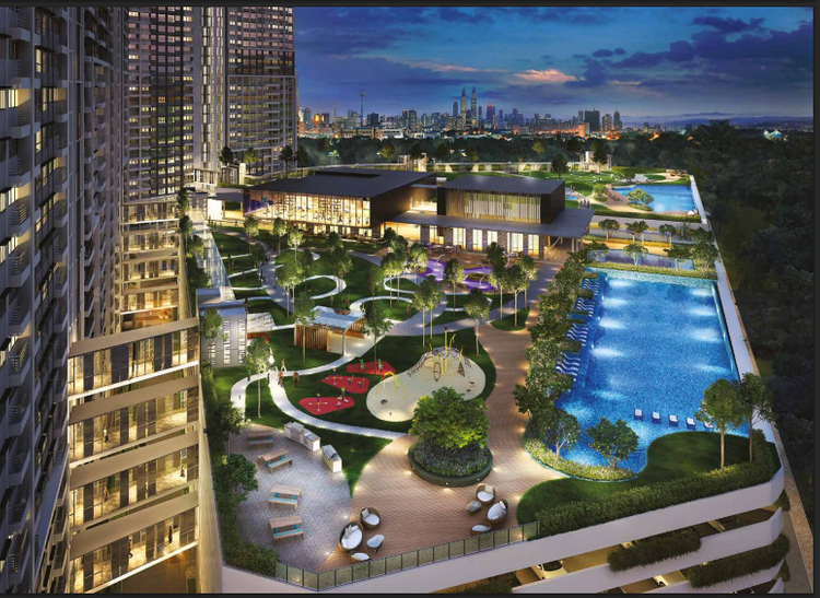 Communal lifestyle deck at M Vertica Cheras with greenery, leisure areas, and pool facilities.