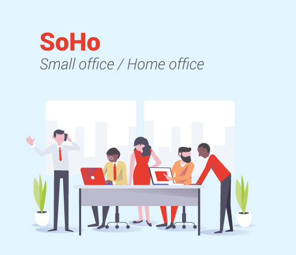 An illustration showing five diverse people working around a desk 