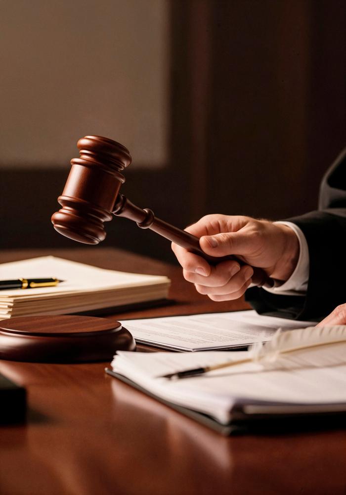 A judge’s hand holding a gavel about to strike in court.
