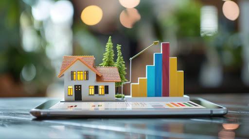 Model house, upward graph, trees, and smartphone showing property market growth