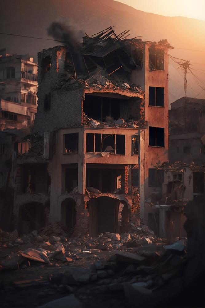 Close-up of a building affected by an earthquake with dust in the air.
