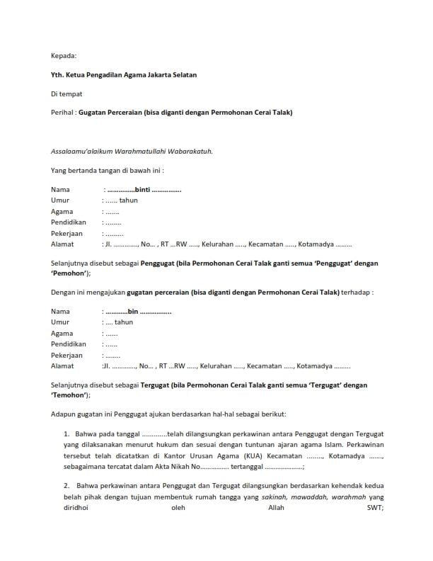 Contoh Surat Gugatan Cerai Yang Benar Langsung Unduh Format Pdf Disini 