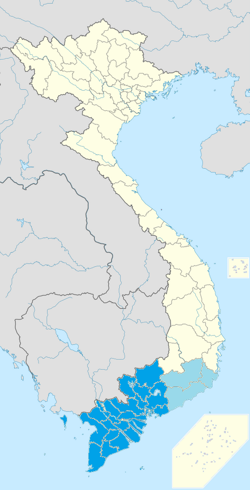Vị trí các tỉnh miền Nam trên bản đồ Việt Nam (màu xanh đậm)