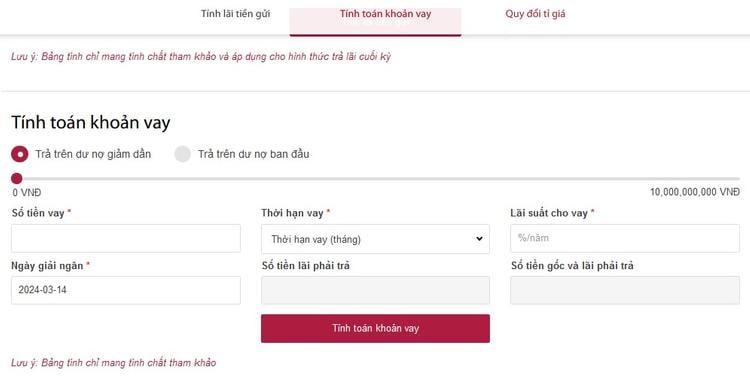 Ảnh chụp màn hình công cụ tính lãi khoản vay của ngân hàng Agribank