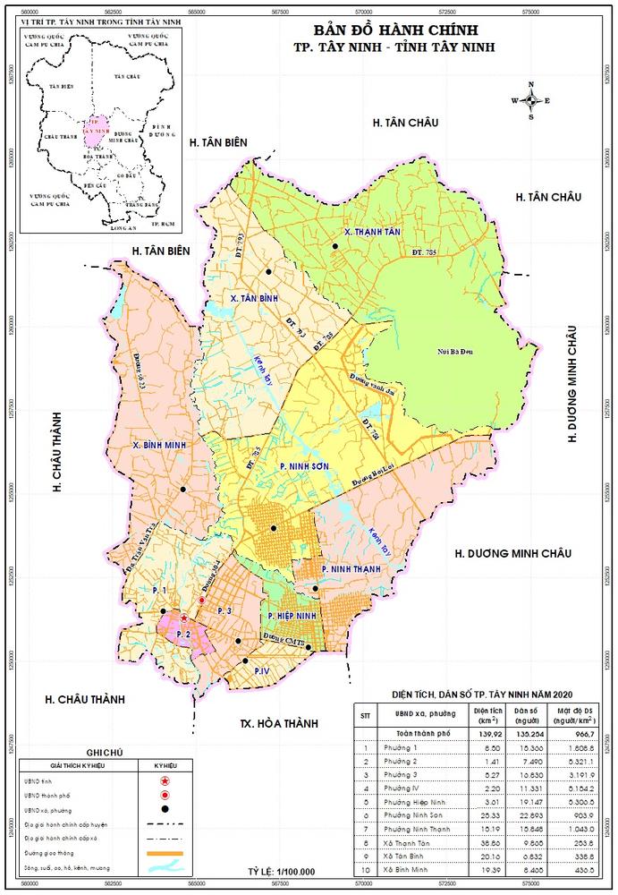 Bản đồ hành chính thành phố Tây Ninh. 