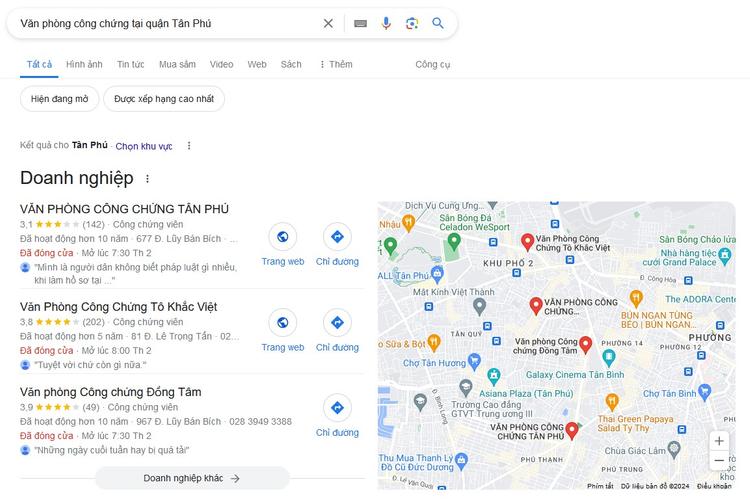 Tìm kiếm văn phòng công chứng ở Tân Phú trên Google.com