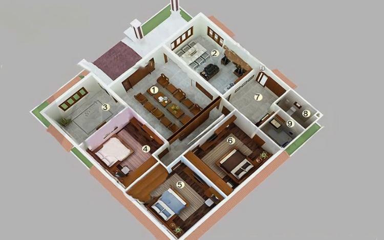 Bản vẽ nhà cấp 4 có 3 phòng ngủ cho thửa đất hình vuông