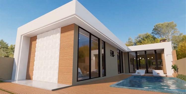 Nhà cấp 4 mái bằng chữ L có hồ bơi