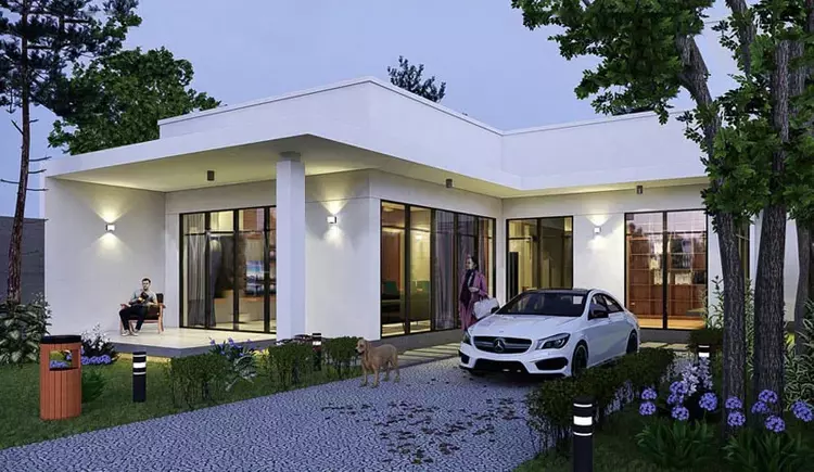 Nhà cấp 4 mái bằng chữ L có thêm không gian để xe